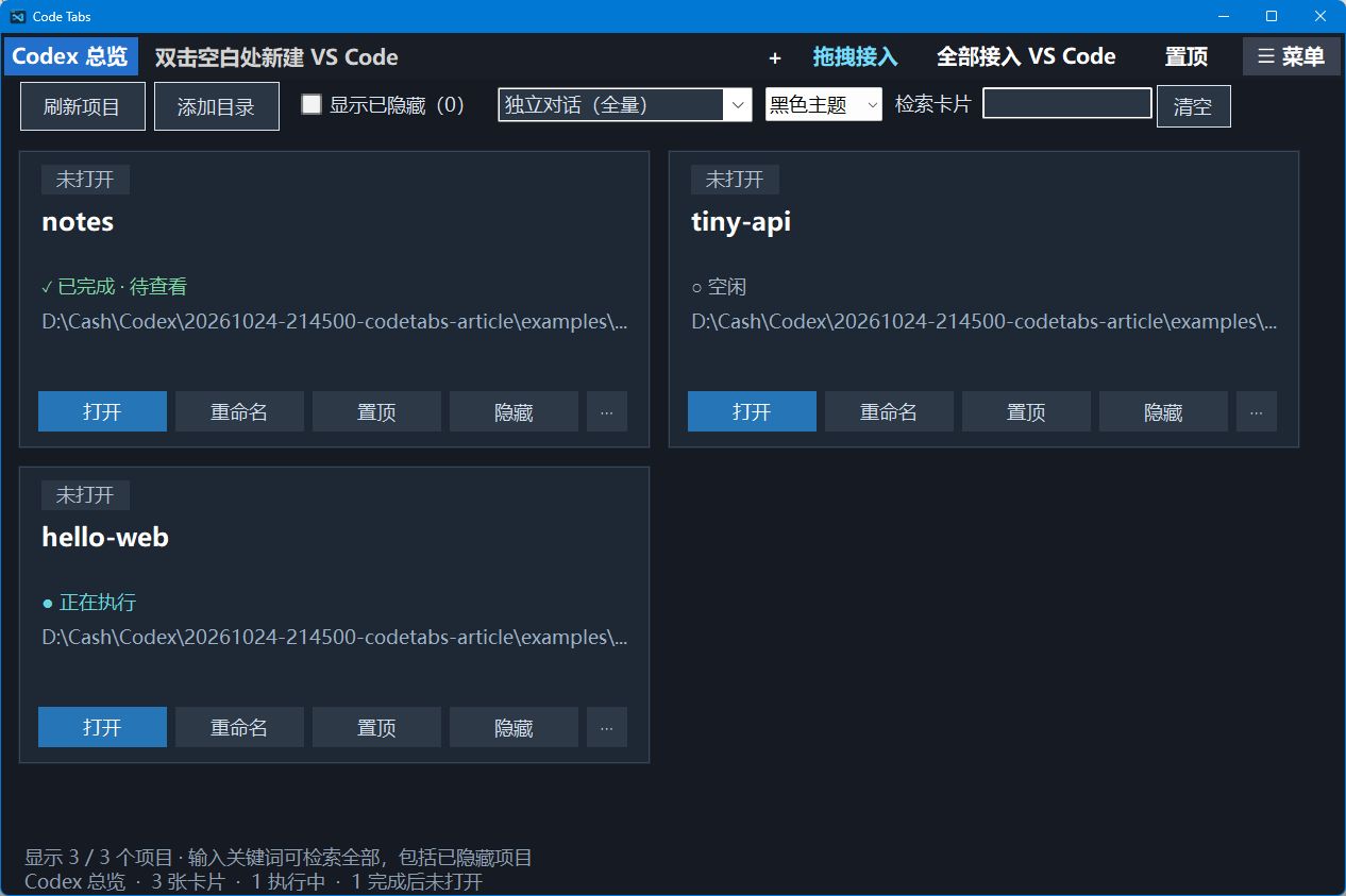 CodeTabs 的 Codex 总览界面,使用 hello-web、notes 和 tiny-api 三个虚构示例展示执行中、已完成及空闲状态